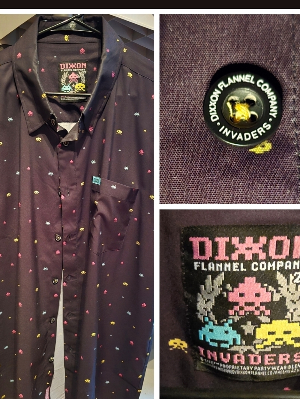 DIXXON Invaders Pattern Button-Up Black Shirt - Turquoise Yellow Pink